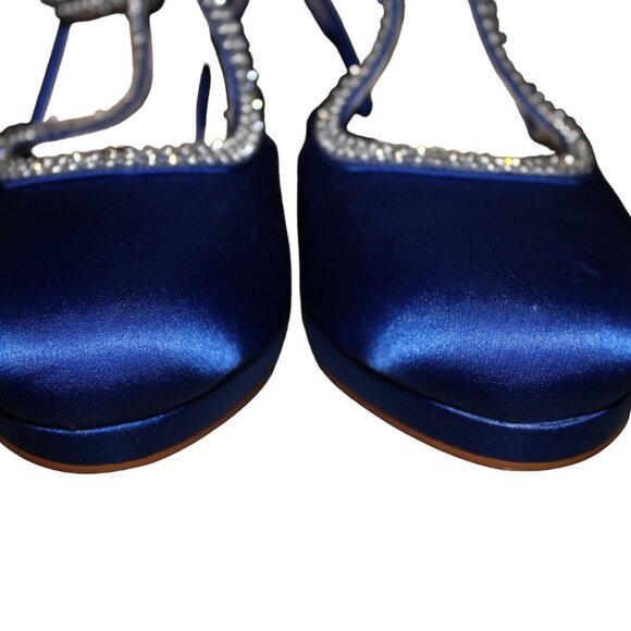 ERIJUNOR Comfort Low Heel Closed-Toe Ankle Strap Blue Satin Rhinestones 8, NIB - Picture 6 of 14